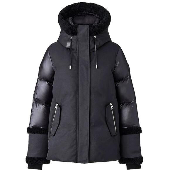 NWT$1,350 MACKAGE CYRAH Arctic Twill Down Jacket Coat w/ Shearling Trim Sz Med